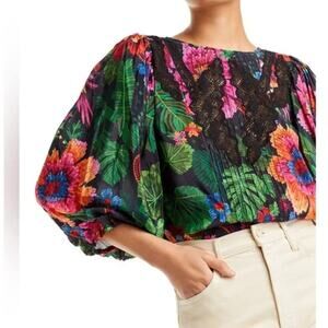 Farm Rio Blooming Garden Lace Trim Blouse Top Floral Blouson Sleeve Pintuck XS